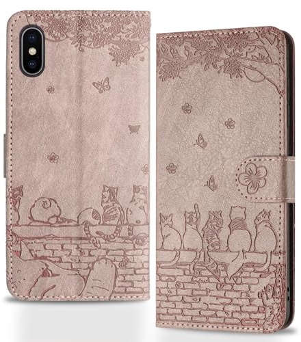 Butnyeoe Handyhülle für iPhone X/iPhone XS,Zaunkatzen Klappbar Hülle,Geprägtes PU Leder Wallet Schutzhülle Tasche Flip Case,Magnetische Klapphülle mit Kartenfach Standfunktion,Rosa-Violett