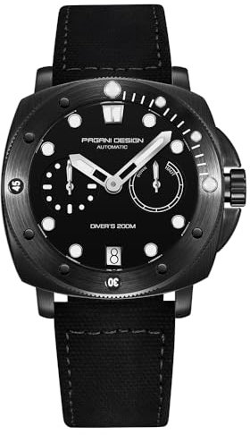 RollsTimi Orologio da uomo automatico con cristallo di zaffiro cassa in acciaio cinturino in nylon orologio sportivo militare resistente all'acqua 200 metri ref. 1767 (All Black Series-1767)