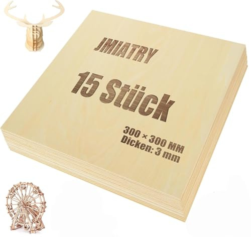 JMIATRY Lot de 15 plaques de contreplaqué de 3 mm en bois de tilleul - 300 x 300 x 3 mm - Plaques en bois pour bricolage, modèle, peinture, gravure
