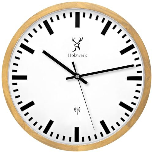 Holzwerk Germany Natur Funkwanduhr Funk Wanduhr Holz-Uhr Retro Vintage Funkuhr lautloses Uhrwerk ohne Tickgeräusche Braun Weiß Massive Buche lautlos aus handgefertigtem Massivholz Natur Holz 30 cm