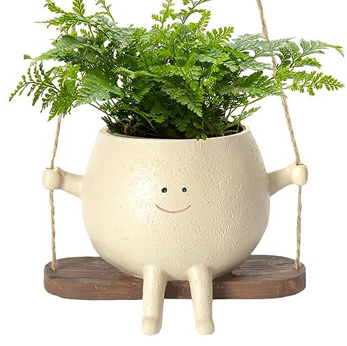 Youany Pot De Fleurs Balançoire, Jardinière À Suspendre Intérieur Extérieur, Pot De Fleurs en Résine avec Visage Sourire Et Balançoire, Pot De Plant-ES Assis en Résine pour Plant-ES Succulentes
