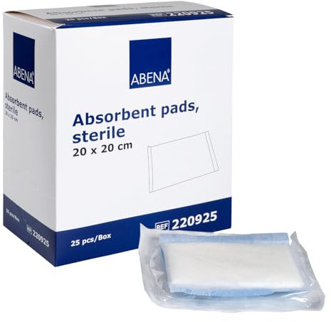 ABENA Absorbent Pads, 25 Pack, 20x20cm Wound Dressings, Sterile, Soft Absorbent Gauze for Wound Dressing, Liquid Repellent Dressing