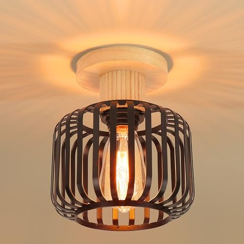 iDEGU Vintage Plafonnier 18CM Lustre Industriel en Métal Cage avec Décor Bois Suspension Abat-Jour Lampe de Plafond Rétro Luminaire E27 Éclairage Décor pour Chambre Salon Café Entrée Couloir (Noir)