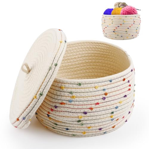 PBUSPU Baumwollseil Körbchen Geflochten, Körbe Korb Geflochten Körbe Aufbewahrung Storage Basket, Korb Geflochten mit Deckel für Pflanzen, Garn, Spielzeugkorb