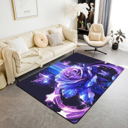 Lila Rosen Bereich Teppich 100Bx150L,Schmetterlinge Glitter Sterne Blumen Teppich,Romantische Blumen Blüten Blüten Blüten Innenbodenmatte,Schwarz Verträumter Botanischer Dekor Teppich für Wohnzimmer