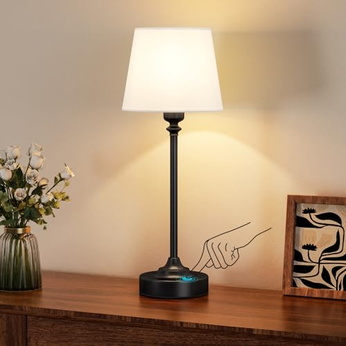 PreeOtti Lampe de Chevet Tactile, LED Lampe de Table Sans Fil Batterie Rechargeable, Variateur Continu, Abat-jour en Lin Blanc, pour Chambre à Coucher Salon Cuisine Décoration(Noir)
