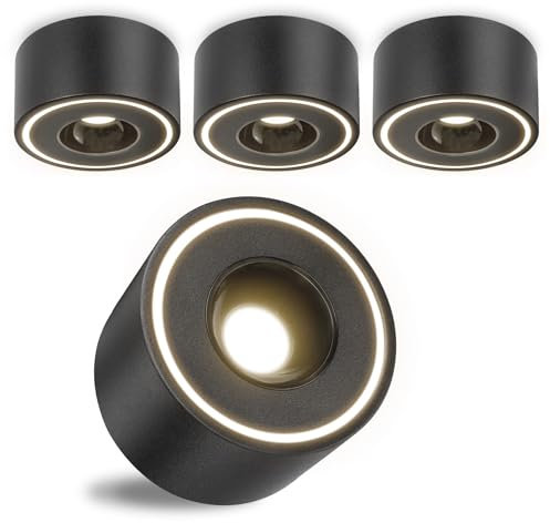 URing Lot de 4 spots LED en saillie - Noir - Extra plat - Diamètre : 97 x 55 mm - 8 W - 1680 lm - 4000 K blanc neutre - Rond - 230 V - Spot de plafond en aluminium - Montage en saillie