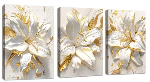 3Pcs Weißes Lilien Blumen Leinwandbilder Bilder Set mit Rahmen, Moderne 3d Gold Blätter Blumen Wandbilder Schlafzimmer Bild Auf Leinwand Kunstdruck Deko für Wohnzimmer fertig zum Aufhängen 40x60cmx3