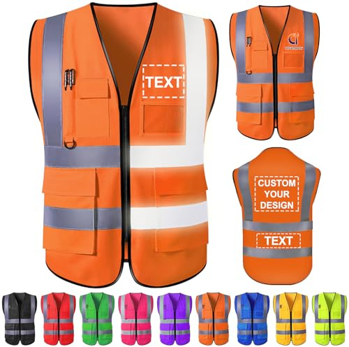 Gridachi Personalisierte Warnweste mit Logo – Reflektierende Sicherheitsweste mit Reißverschluss & Taschen – Hochsichtbare Arbeitsweste für Herren & Damen – Bedruckbar