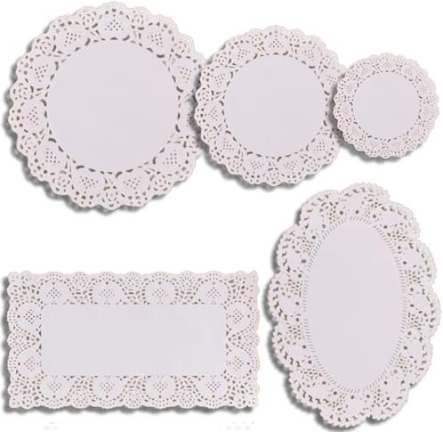 250 Pcs Lace Paper Doilies, Multi-size White Round Rectangle Oval Set for Tables, Plates, Cakes, Desserts and Crafts