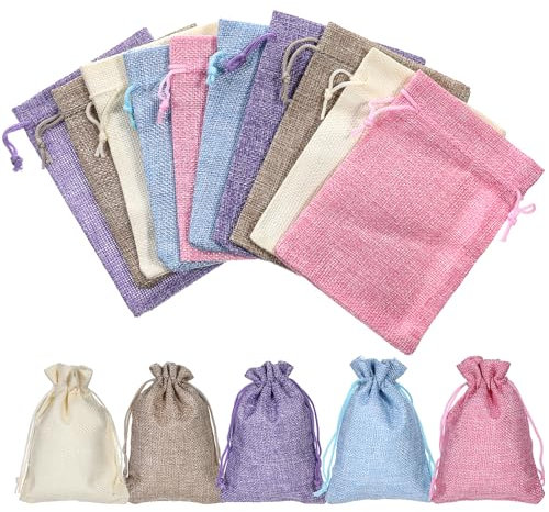 Bewudy 15 Stück Jutesäckchen mit Kordelzug, 15x10cm Säckchen Zum Befüllen Bunte Stoffsäckchen Kleine Leinensäckchen Geschenksäckchen Schmuckbeutel für Geburtstag Hochzeit Kinderparty (5 Farben)