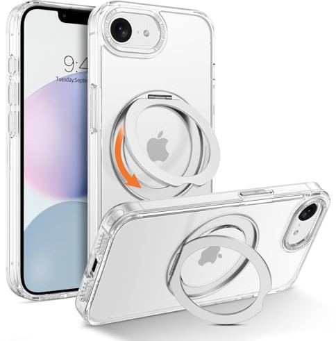 Telaso Magnetic Case for iPhone 17e / 16e Case with 360° Rotatable Ring Stand, [Compatible with Wireless Charging] Slim Shockproof Protective Phone Cases for iPhone 17e/16e 6.1, Clear