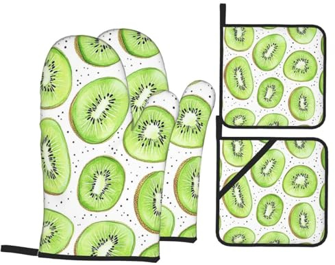 4 guanti da forno e presine verde kiwi, guanti da cucina con presine, guanti antiscivolo ad alta resistenza al calore a 500 gradi per barbecue, griglia, cottura, forno, microonde