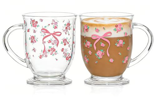 2-Pack Pink Bow & Rose Irish Coffee Glasses – Wide Mouth 16oz Cups for Iced Coffee, Fruit Tea, Smoothies & Cold Brew, Dishwasher Safe, Perfect for Christmas, Valentine’s Day & Birthdays,Gift | 2-pack 16 oz,Gifts For Mom Women Birthday,Her,Girlfriend,Wife,Valentines Day,Christmas
