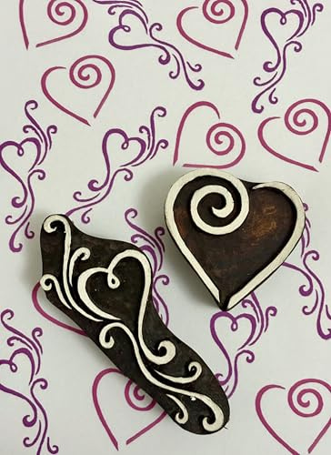 Wooden Block Printing Stamps, Heart and Scroll Design, Traditional Indian Art Pattern, Dark Brown and White