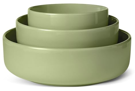 Amazon Basics Cuencos para Servir de Gres Esmaltado, Juego de 3 Piezas, Aptos para Lavavajillas, Oliva