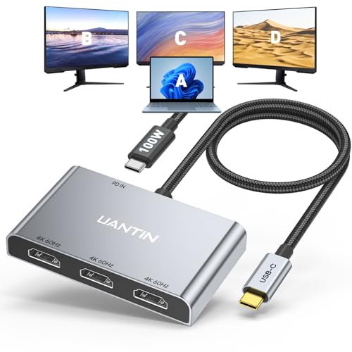 UANTIN USB C to 3 HDMI Adapter with PD 100W, 4K@60Hz | HDMI Splitter Extended Display for 3 Monitor, Windows Allows Display 4 Separate Screens, macOS Only Mirror Mode