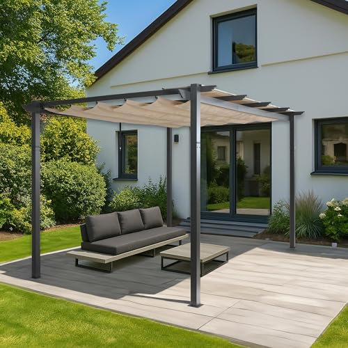 Pergola in alluminio HWC-N93, gazebo da giardino, struttura stabile 8cm tetto scorrevole UV50+ 3x4m - avorio beige