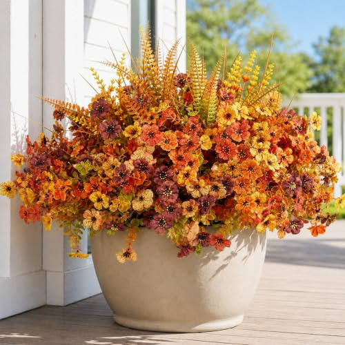 Künstliche Herbstblumen für draußen – 16 Stück lebensechte UV-beständige bunte Seiden-Gänseblümchen, wetterfeste Kunstblumen für Garten, Balkon & Terrasse – Ideal für Halloween & Herbstdekoration | Künstliche Mütter für den Außenbereich in einem gemischten Blumen-Set; UV-beständige Farbe für Blumenkästen und Hängekörbe
