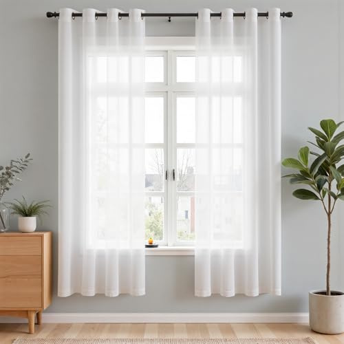 Vangao Voile Gardinen mit Ösen Vorhänge Wohnzimmer Weiß 2er Set H200xB140cm