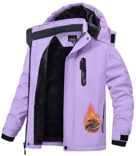 QMP Boys Winter Coat Jackets Snow Suit for Kids Rain Fleece Warm Waterproof Insulated Softshell Ski Snowboard Jackets for Girls Windproof with Zip Pockets Hoode Purple 8-9