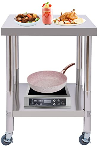 Bdneygtyr rostfritt stål bord 60 x 60 cm två nivåer, arbetsbord av rostfritt stål 201 med hjul, 300 kg lastkapacitet rostfritt stål gastro, mobila bord för kök och trädgård, enkel montering