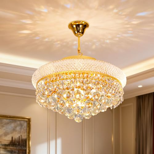 Vrygle Lustre Cristal K9 Doré 46 cm, Hauteur Réglable, 6 x E14 Incluses