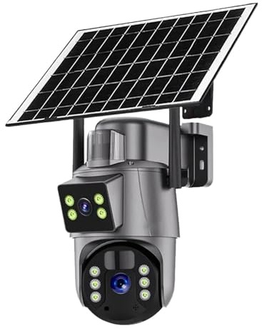 POOIQX Telecamera solare WiFi da 6 MP 4K, telecamera di sorveglianza CCTV wireless for esterni con pannello, doppia lente PTZ IP 4G, protezione sicurezza, Aiuto al monitoraggio(4G Camera 128GB Card)