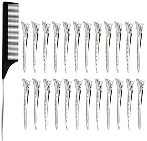 24 Stück Haarclips mit 1 Kamm, Haarklammern Friseurbedarf für Mädchen, Clips Abteilklammern, Haar Clips für Damen Haarstyling, Stabile Abteilklammern für Damen und Friseurbedarf (Silber)