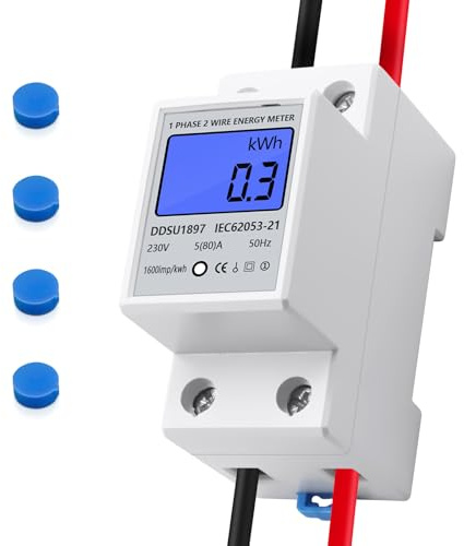 Compteur Electrique Monophasé Rail DIN 220V 5(80) A, Sous Compteur Electrique LCD Rétroéclairé 50/60Hz, Mesure Consommation kWh Tension Courant