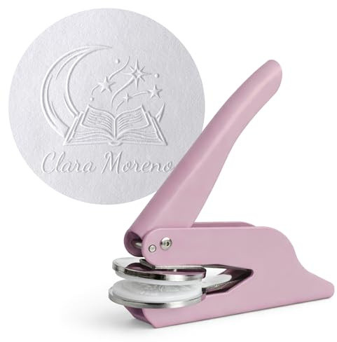 JUST REFINE® Ex Libris Timbro personalizzato – Pinza per goffratura per carta – Ideale come regalo o per occasioni speciali – Diversi motivi (Viola, Luna Libris)