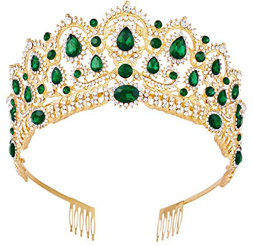 Tiara,Vofler Gold Crown Baroque Vintage Headband Crystal Green Rhinestone Emerald Hair Jewelry Decor for Women Bride Wedding Pageant Halloween w/Comb