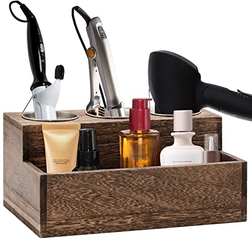 RJMKD Wooden Hair Dryer Holder - Rustic Hair Tools Organizer with 3 Circular Holes and 1 Compartment, Wooden Hair Accessories Organizer for Bathroom Vanity Countertop Storage Hair Dryer, Accessories