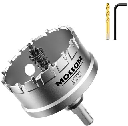 Mollom (2-3/4''|70mm) kraftig hålsåg i hårdmetall med 2 pilotborr, hålskärare skär rostfritt stål, mjukt stål, järn, koppar, mässing, plast