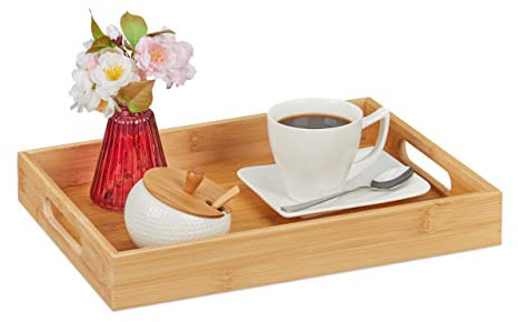 Relaxdays Tablett Bambus, HBT: 5 x 34,5 x 25 cm, Serviertablett mit Griffen, hoher Rand, Küchentablett rechteckig, Natur