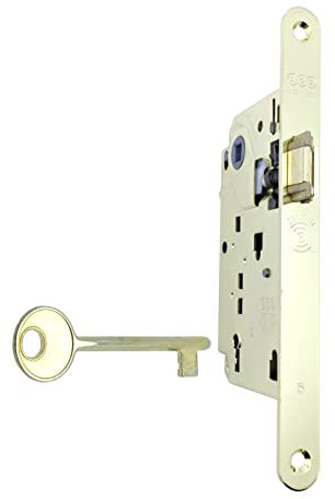 Serratura Porta Interna AGB Serie CENTRO. Entrata 50, Interasse 90. (Fronte 18x196, SCROCCO CHIAVE, OTTONE Lucido)