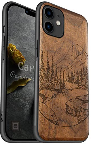 Carveit Coque Compatible avec iPhone 11 Étui en Bois [Etui en Bois Rigide Antichoc avec Cadre en TPU] Téléphone Étui pour 11 CoqueProtection (Noyer-Paysage Naturel Sauvage)