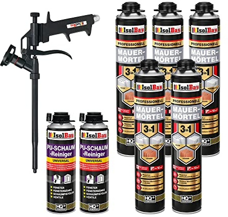 Isolbau Kit de mousse de mortier - Pistolet à mousse téflon - 2 nettoyants PU - Mousse de montage - 5 x 750 ml