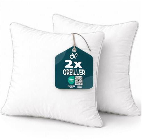 Flowen Almohadas para Cama 65x65 2 Unidades Relleno Cojin Hipoalergénico Antiácaros y Suave Cuadrado para Hogar con Funda Exterior de Almohada Respirable en Microfibra Blanca Extraíble y Lavable