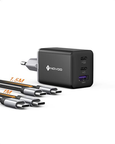 NOVOO Caricabatterie USB C da 67W con 1 cavi PD 100 W Type-C, Caricatore da muro compatto veloce PPS GaN III a 3 porte, per MacBook Pro 14'', Dell XPS 13, iPad Pro, iPhone 15, Galaxy S24 Ultra