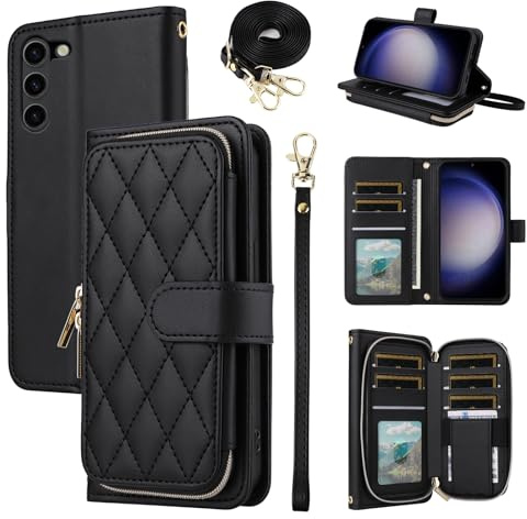 ELISORLI Wallet Case for Samsung Galaxy S23 5G with Wrist Strap,Shoulder Strap,9+ Card Slots Zipper Purse Luxury PU Leather Stand Cell Phone Cover for S 23 23S GS23 G5 SM-S911U 6.1 inch Women Black