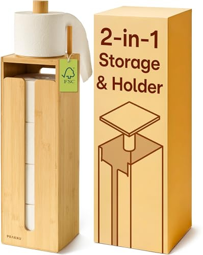 Praknu Portarrollos Papel Higiénico de Pie en Bambú – Soporte Papel Higienico de Madera FSC con Tapa Magnética - Almacenaje para 4 Rollos – Ahorra Espacio – Antideslizante