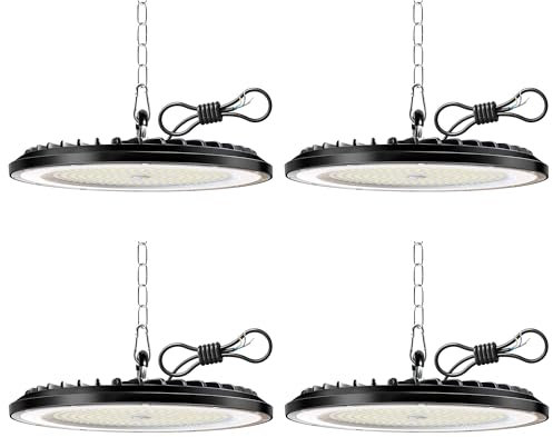 4 Pièces Lampe Eclairage Atelier 100W, 15000LM UFO Eclairage Plafonnier LED Garage avec Chaine, 6000K Projecteur LED Intérieur, IP65 Étanche Éclairage de Plafond pour Garage, Entrepôt, Gymnase