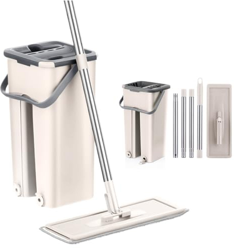 Fregona para Limpiar Azulejos y Paredes Fregona con Cubo escurridor Fregona autogirable Limpieza de Suelos Cepillo para fregona 6 Almohadillas de Microfibra Limpiador y Plumero Set Cubo para fregona
