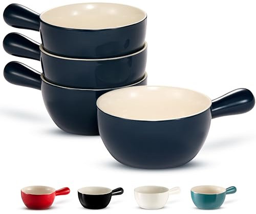 KooK French Onion Soup Crocks, Stackable Ceramic Bowls with Handles, Oven, Microwave and Dishwasher Safe, for Cereal, Soups, Casseroles, Handle, Stoneware, 24 oz, Set of 4 (Navy)