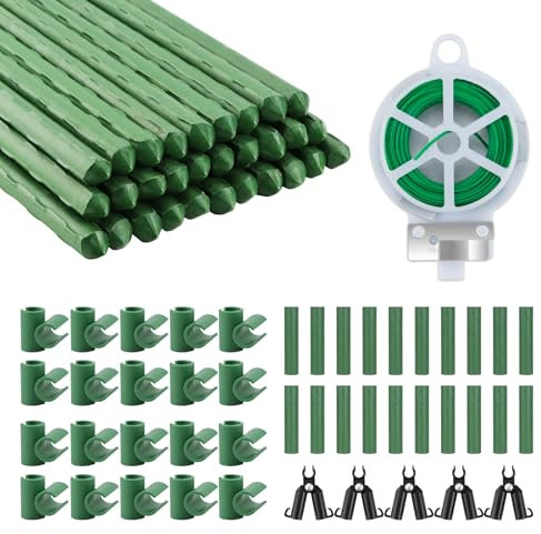 30 paletti per piante, 40 cm, kit di supporto per piante rampicanti, paletti da giardino in acciaio rivestito in plastica, canne da giardino con 45 clip per connettori per tralicci e fascette per