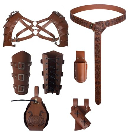 YRTBGD 6 Stück Mittelalter Kleidung für Herren Accessoires Set, Viking Renaissance Ritter Deko mit Gürtel Armschützer Gürteltasche Schulterpanzer für Halloween Karneval