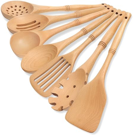 comfoyar Ustensiles de Cuisine Bois, Set de 7 Cuillère en Bois pour la Cuisson avec Spatula et Ladle, Résistance à la chaleur Convient pour Poêles Antiadhésives-Hêtre