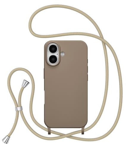 ZTOFERA Handykette Hülle Kompatibel mit iPhone 16 (6.1), Liquid Silikon Handyhülle mit Umhängeband, Schutzhülle mit Band Kordel zum Umhängen Necklace Hülle für iPhone 16, Braun