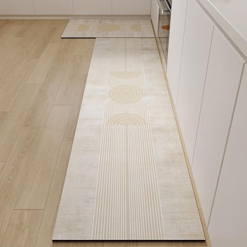 Hixingo Küche Teppich rutschfest, Abwaschbar Kieselgur Küchenläufer, Geometrische Gerade Linie Schnelltrocknend Küchenteppich Absorbierend Teppich Läufer Küchenmatte (60x180cm,Khaki Creme)